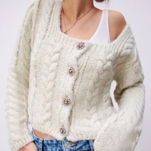 Zara Sweaters - Zara NWT Cream Metallic Knit Sweater Cardigan
